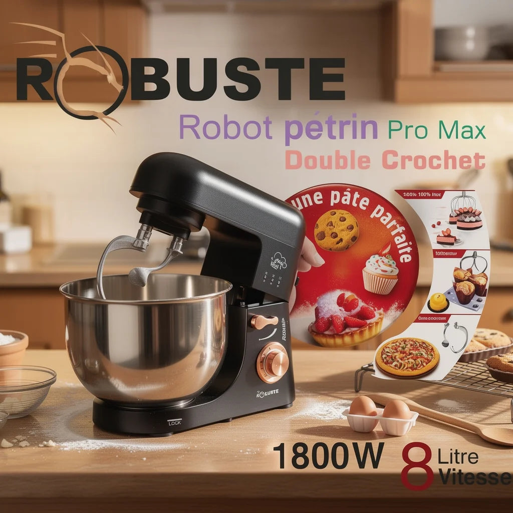 Pétrin Double Crochet 08L 1800W ave 04 Accessoires Robuste PROMAX Noir