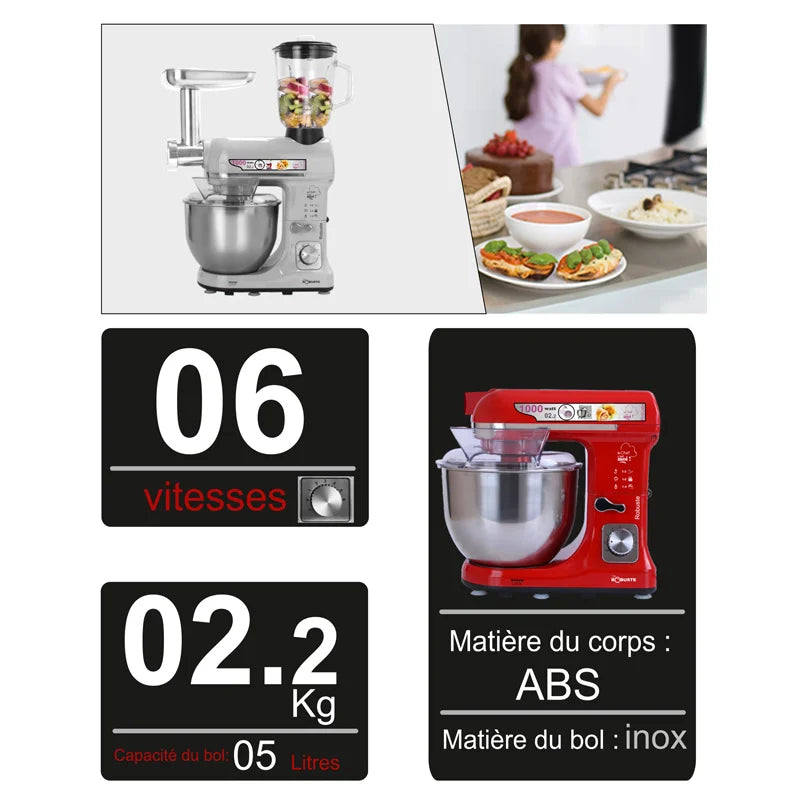 Robot Pétrin 3 en 1 inox 5L 1000 W 06Vitesses GRIS Robuste RPM37