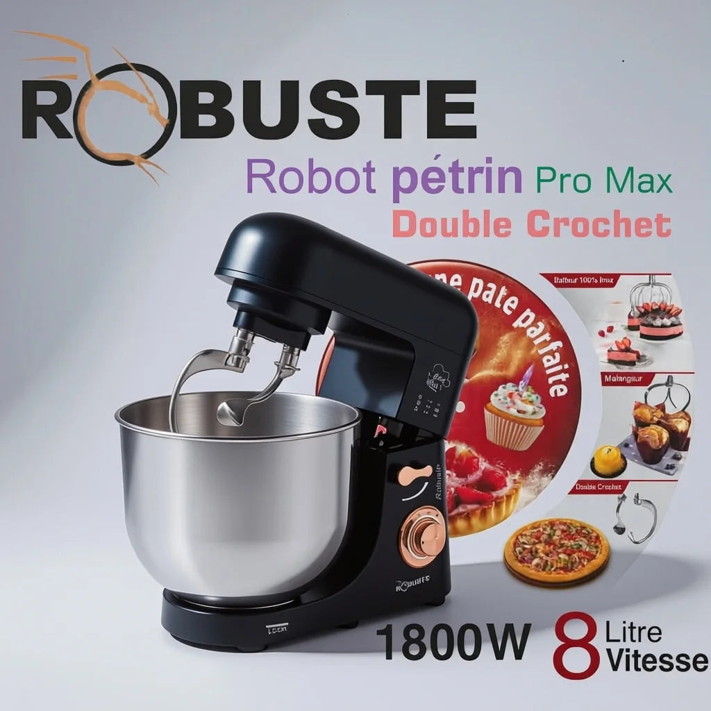 Pétrin Double Crochet 08L 1800W ave 04 Accessoires Robuste PROMAX Noir