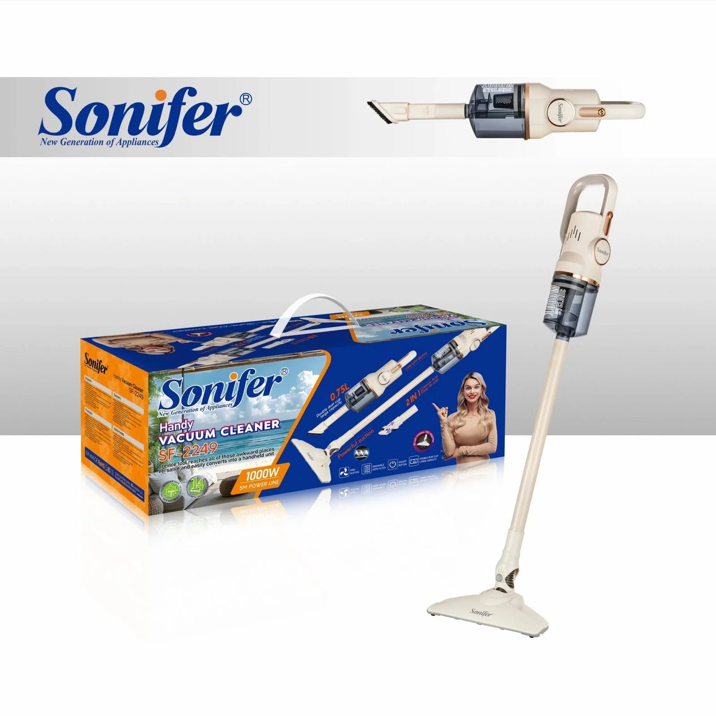 Aspirateur Balai 2 en 1 Sans Sac 1000W – 0.75L – 5M Sonifer SF-2249