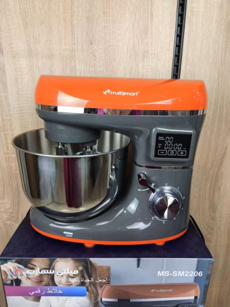 Pétrin Double Crochet Multismart 6.2L 1500W 3Kg avec 04 Accessoires et afficheur LCD – Orange/Gris Multismart MS-SM2206