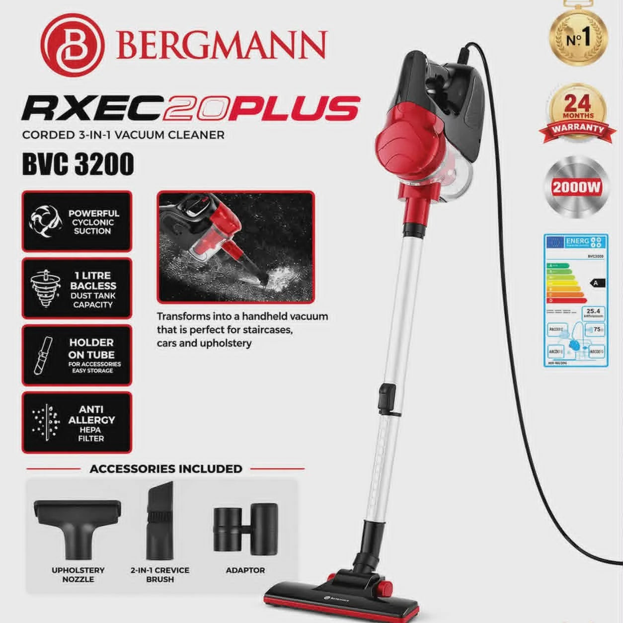 Aspirateur Balai 3 en 1 Avec Accessoires 2000W 1L 4.3M Bergmann BVC3200